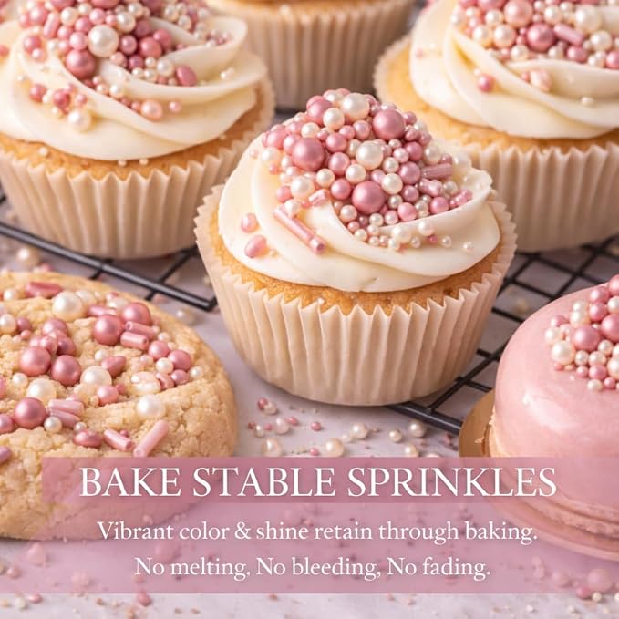 Confect Pink Mauve & Ivory Sprinkle Mix – Bake Stable Non Bleeding Edible Pearls & Metallic Dragees for Cake Decorating, Cupcakes, Cookies & Desserts- 4.2 Oz