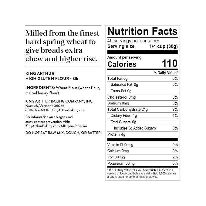 King Arthur High Gluten Flour, Contains Wheat-Flour (wheat-flour, malted barley flour) High Protein, 3 lb, White, 48 Ounces (Pack of 2)