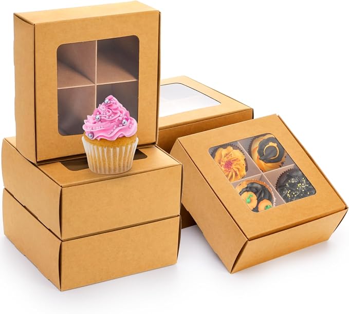 Eorbow 40 Pack Brown Bakery Boxes with Window and Dividers, 6 x 6 Inch Mini Pastry Boxes with 4 Compartments, Kraft Treats Gift Boxes with Inserts, Cupcake Packaging Containers for Pastries Biscuits