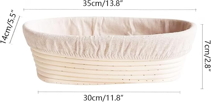 i-lan 14" Large Oval Sourdough Proofing Basket, Natural Rattan Banneton for Artisan Loaves & Baguettes, 2.5lb Capacity Rising Bowl with Liner, Professional Baking Tool