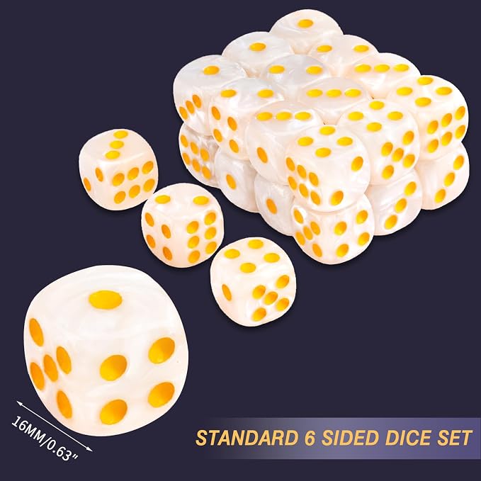 24 of Pack 16MM 6 Sided Dice Set,Pearl Pattern D6 Game Dice Set, 6 Sided Standard Dices for Yahtzee, Bunco or Teaching Math,with Portable Dice Pouch(White Pearl)