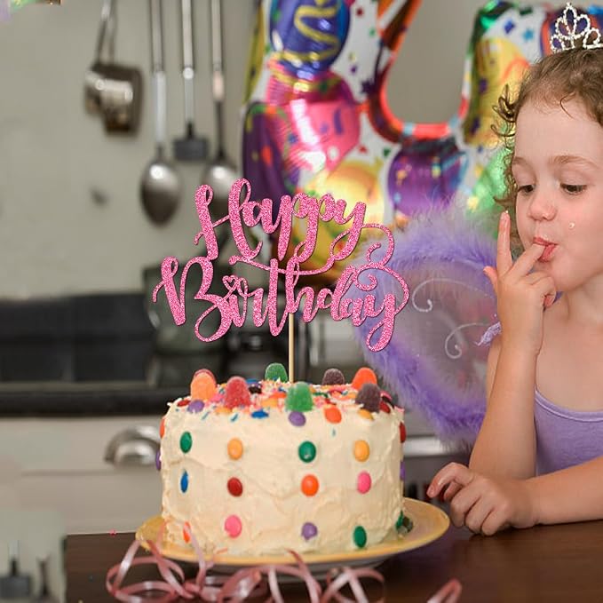 Handmade Glitter Happy Birthday Cake Topper,Birthday Party Cake Decorations, Anniversary/Birthday Party Decoration Supplies (Pink)