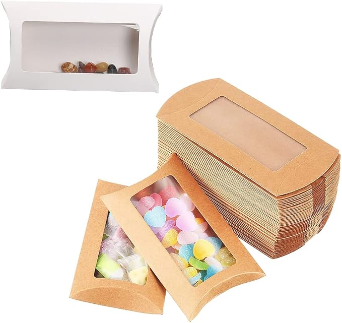 Wzttdm 40pcs Kraft Paper Mini Pillow Packaging Box with Clear Window, Box Treat Gift Packaging Box for Bakery Candy Chocolate Jewelry Display Wedding Party Favor (Brown, 5 x 3 x 0.8 inches)