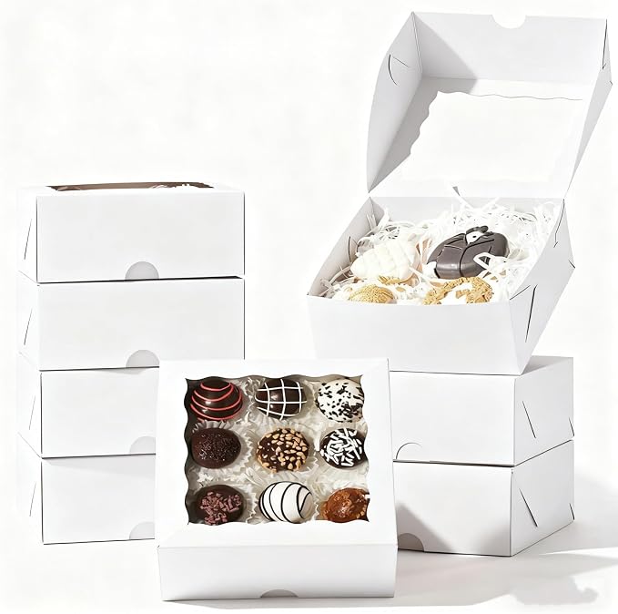 55 Pack 6"x6"x2.5" White Bakery Boxes with Window Cookie Boxes Small Cake Boxes Macaron Boxes Pie Boxes Truffle Chocolate Boxes