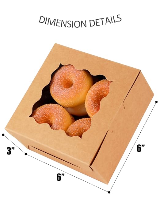 qiqee Kraft Cookie Boxes with Window 100packs 6x6x3 Brown Bakery Box Kraft Paper Boxes for Cookie, Pastry, Cupcake, Pie, Donut