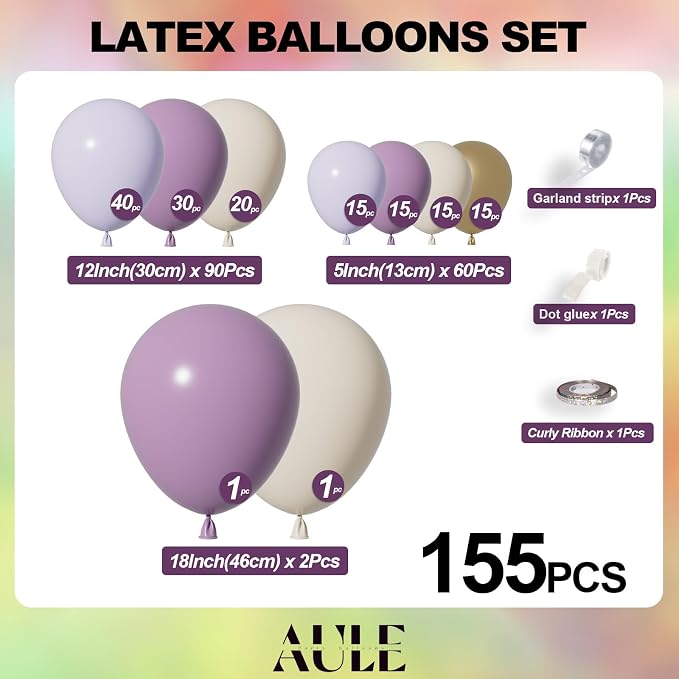 AULE Purple Balloon Arch Kit 155Pcs Dusty Macaron Purple Sand White Gold Balloons Garland for Birthday Anniversary Engagement Bridal Baby Shower Wedding Theme Party Decoration