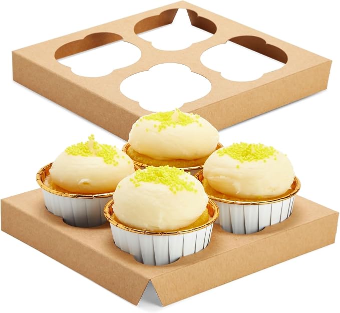 Juvale Cupcake Boxes - 6 x 6 in, 24 Count, Brown - 4-Cup Insert & Clear Window Cupcake Containers & Muffin Boxes