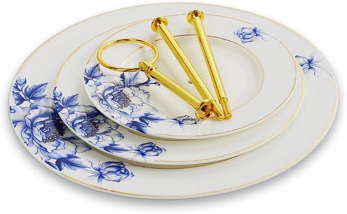 Porlien Gold Trimmed Blue Floral 3 Tier Cake Stand, Dessert Stand, Cupcake Stand