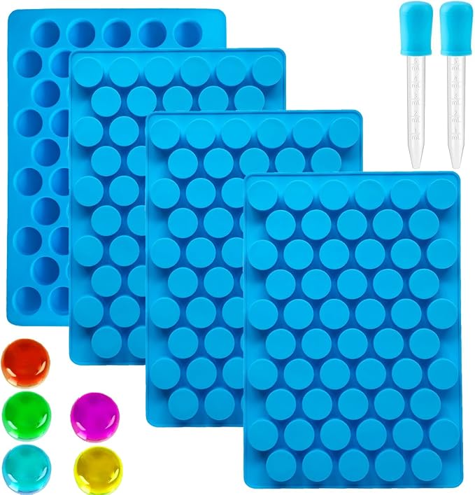 Round Silicone Candy Molds - 220 Cavity Mold Set with Droppers, 2-Pack Circle Molds for Gummies, Chocolate, Hard Candy, Caramels, Ice Cubes, BPA Free Non-Stick Baking Molds