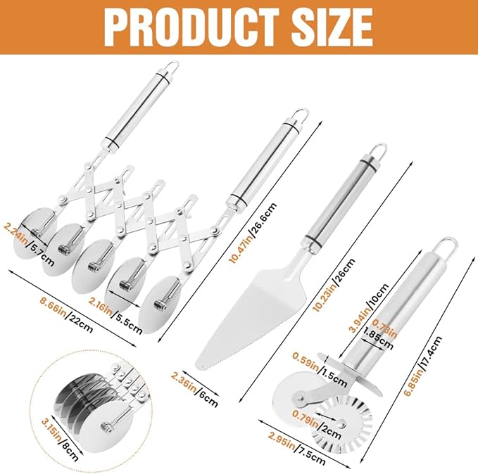 5 Wheel Pastry Cutter, Stainless Steel Dough Divider with Handle, Expandable Dough Cutter Wheel with Handle, Multi-Round Pastry Knife, Pizza Cutter Roller and Pie Server(Silver)