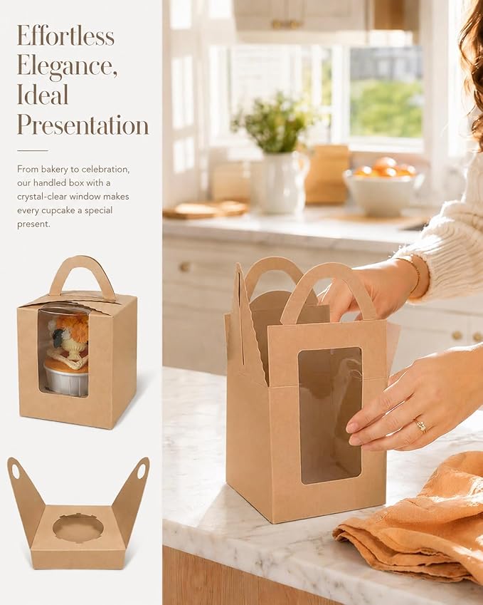 Bakepacker Individual Cupcake Boxes with Window 100 Count Brown Single Cupcakes Box 3.6"X3.6"X4.3" Cupcake Carrier