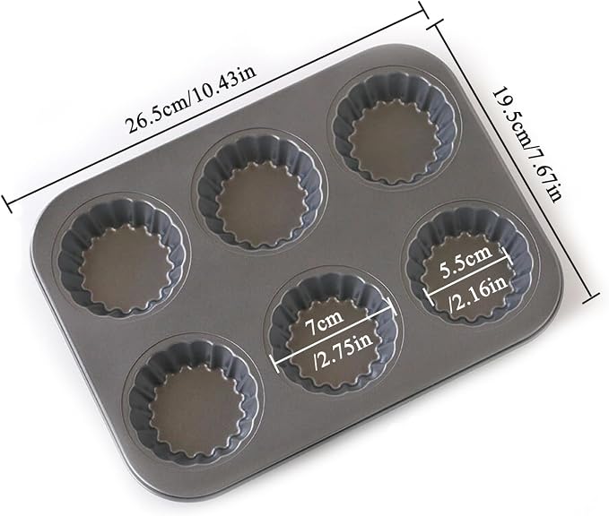 Mini Tart Pan, 2.75" Egg Tart Molds 6-Cavity Non Stick Fluted Mini Tart Mould, Reusable Quiche Bakeware Carbon Steel for Pies, Quiche, Cheese Cakes, Desserts(Not Included Cutting Mold)