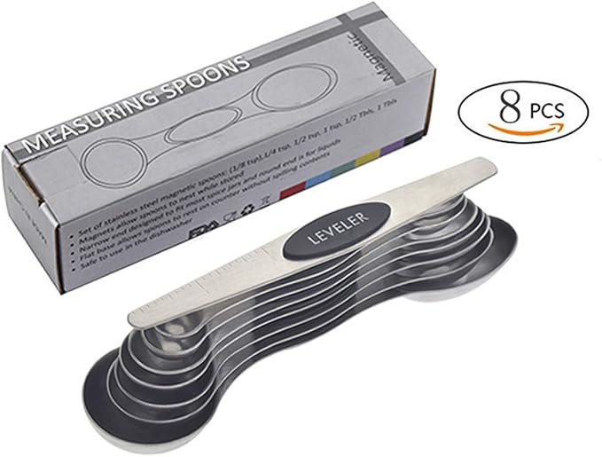 Stainless Steel Baking Tools, Magnetic Double-Headed Measuring Spoons, Seasoning Measuring Spoons With Scraper (8 PCS,Multicolor)