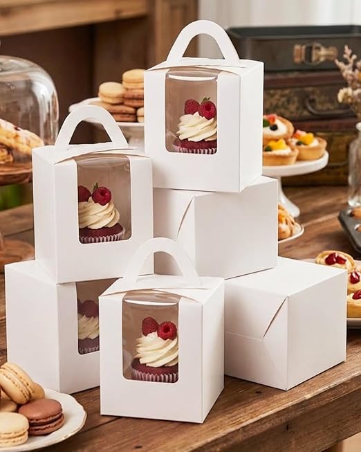 qiqee Auto-pop White Cupcake Boxes Individual Disposable 3.7x3.7x4.5inch 100pcs Cupcake Disposable Single Box with Window