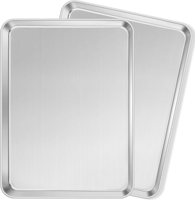 Leonyo 17x13IN Stainless Steel Baking Sheets, 2 Pack Stainless Steel Half Sheet Pan for Baking Cookie, Commercial Grade Metal Toaster Oven Tray for Oven, Non Toxic & Dishwasher Safe