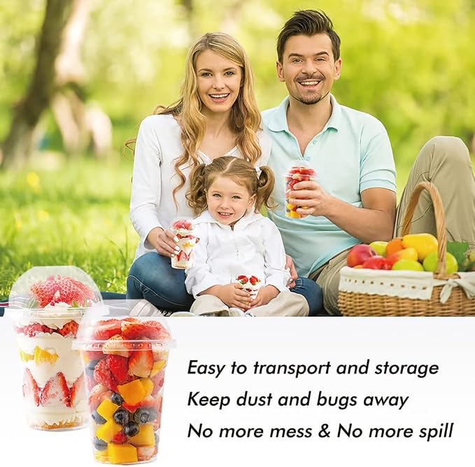 12 oz Clear Plastic Cups with Dome Lids - Dessert Cups with Lids(25 Sets), PET Disposable Party Cups (NO HOLE), Parfait Crystal for Pudding/Ice Cream/Cupcake