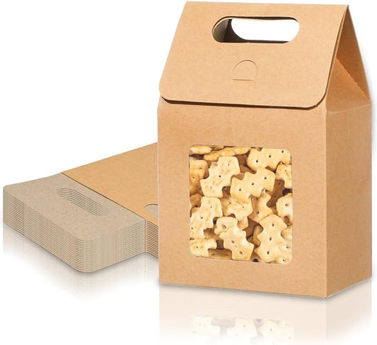 24 Pieces MINI Kraft Paper Gift Bags with Clear Window Small Goodies Gift Boxes with Handle 5.9 x 3.9 x 2.3inch Gable Candy Treat Box for Purim, Bakery Cookies, Wedding Favors, Small Business (brown)