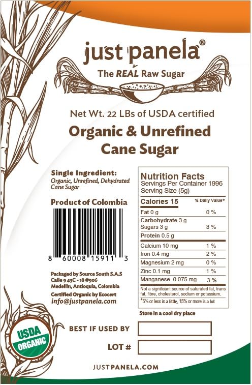 Just Panela Organic Unrefined Cane Sugar 22 Pound Pack of 2 | 100% Unprocessed, Raw Sugar | Panela Great for Baking, Cooking & Sweetening | Healthier Alternative to Regular Refined Sugar