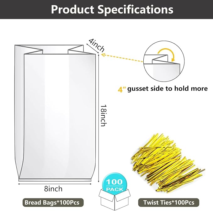 Bread Loaf Packing Bags with Ties, Large Bakery Bread Plastic Bags, 8' x 4' x 18', 100 Pack, Reusable Adjustable