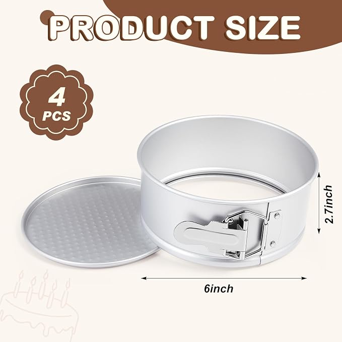 Funnymoom 4 Pcs 6 Inch Non Stick Springform Pan with Removable Bottom Carbon Steel Round Springform Cheesecake Pan with Stainless Steel Spring Buckles for Baking Kitchens Restaurant(Silver)