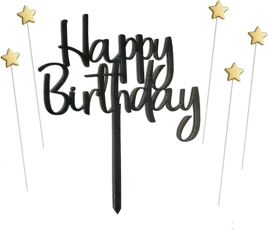 ZHENGYE Set of 1 Acrylic Black Happy Birthday Cake Topper Sign And 5 Gold Stars Cake Toppers For Birthday Cake Decorations(Black 35)