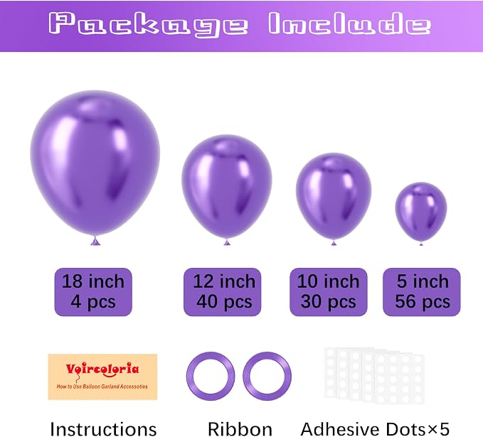 Voircoloria 130pcs Metallic Purple Balloons Different Sizes 18" 12" 10" 5" Chrome Purple Latex Balloon Garland Arch Kit for Birthday Baby Shower Graduation Wedding Gender Reveal Party Decorations