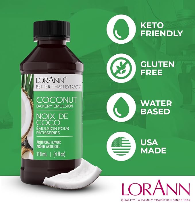 LorAnn Oils Coconut Bakery Emulsion: True Essence, Ideal for Boosting Fruit Tones in Cakes, Cookies & Desserts, Gluten-Free, Keto-Friendly, Extract Substitute Essential for Your Kitchen, 16 Oz