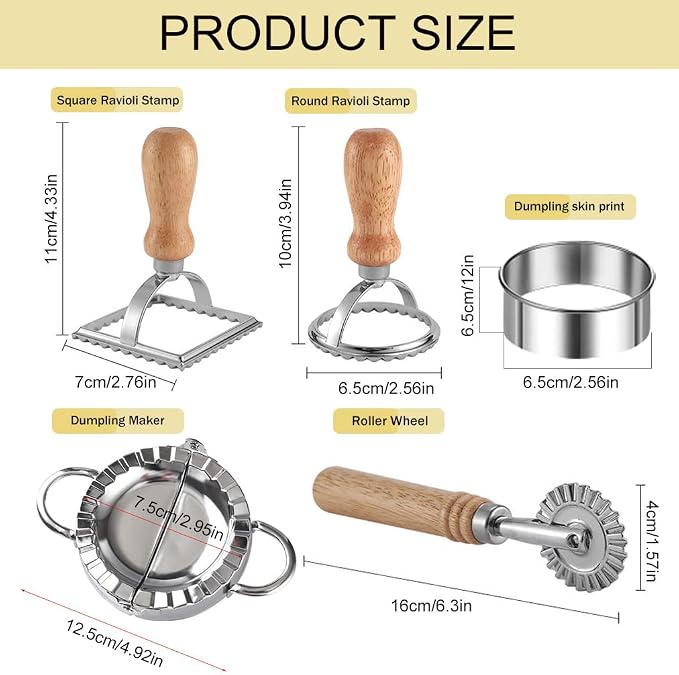 Ravioli Pasta Cutter Wheel Set of 5, Ravioli Makers with Roller Ravioli Stamp Cutter Set with Wooden Handle, Pasta Press Wheel Pasta Maker Tools For Pasta Making Dumplings, Pierogi (Silver)