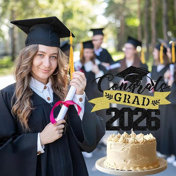 Glitter Graduation 2026 Cake Topper,Congrats Grad Cake Decor - 2026 High School/College/Senior Graduation Party Decorations Supplies