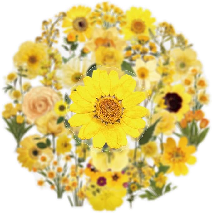 Yellow Chrysanthemum Stickers - 50PCS Vintage Dried Floral Stickers Waterproof PET Aesthetic Decals for Journaling, Scrapbooking, Water Bottles, Laptops, Perfect for Plant Lovers & Craft Enthusiasts