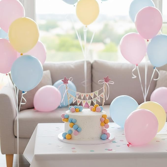 16 Pcs Happy Birthday Cake Topper Cake Bunting Topper Banner with Wood Pole Rainbow Garland with Bow Ribbon Balloon, Mini Cupcake Decor for Birthday Baby Shower (Pink,Blue,Yellow)