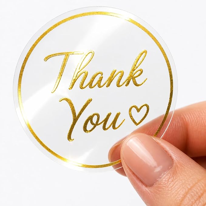 Thank You Stickers for Small Business – 500 Clear Round Stickers with Gold Foil Script, 1.5 Inch Waterproof Adhesive Labels for Packaging, Envelopes & Gift Bags
