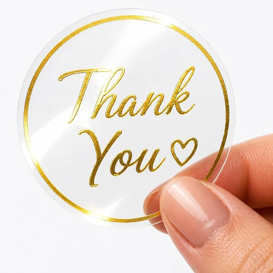 Thank You Stickers for Small Business – 500 Clear Round Stickers with Gold Foil Script, 1.5 Inch Waterproof Adhesive Labels for Packaging, Envelopes & Gift Bags