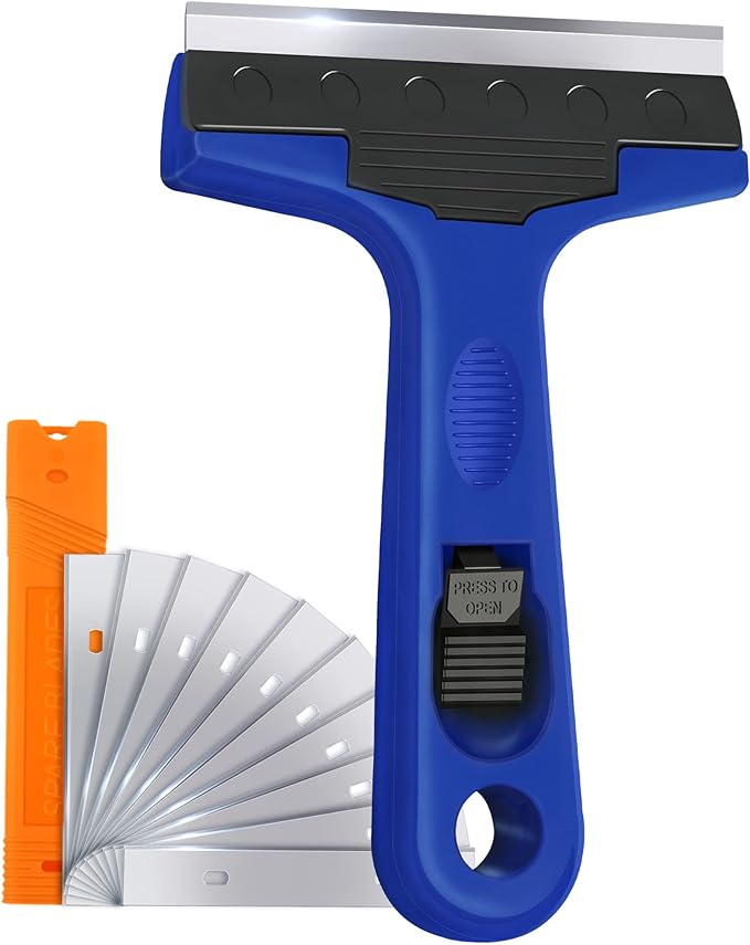 Razor Blade Scraper, 4" Scraper Tool with 10 Extra Replacement Metal Blades, Razor Scraper Remover for Cleaning Paint, Caulk, Adhesive, Label, Decal, Sticker from Window, Glass, Tile, Floor, Stove Top
