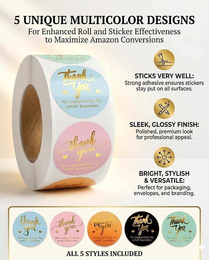 Thank You for Supporting My Small Business Stickers - 1.5" Round Labels (5 Designs, Multicolor) for Small Business, Packaging, Envelopes, Gift Bags, Bakery, Party Favors