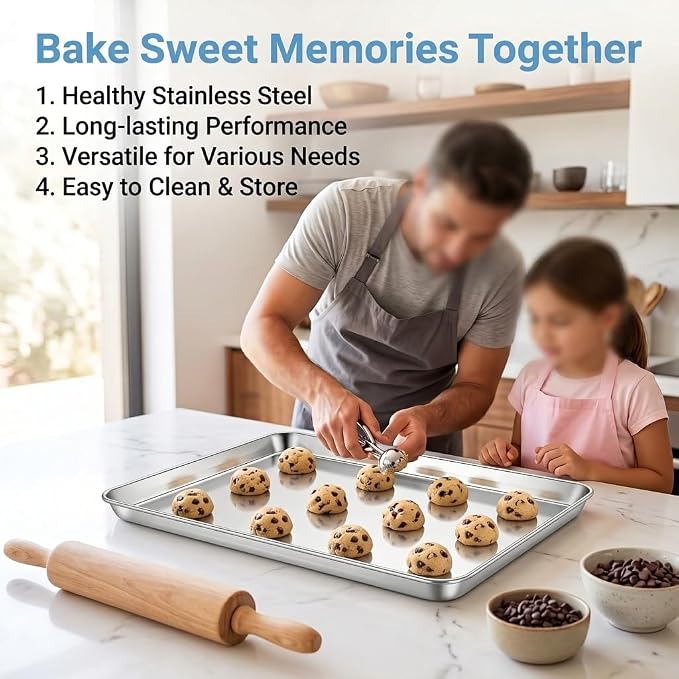 TeamFar Baking Sheet Set of 2, 16"x 12"x 1" Stainless Steel Baking Pans Tray Cookie Sheet, Non Toxic & Healthy, Mirror Finish & Rust Proof, Easy Clean & Dishwasher Safe