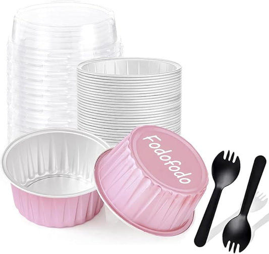 25PCS Round Mini Loaf Pans with Lids,Mini Cake Pans with Lids,Disposable Ramekins Baking Cups Muffin Tins Cupcake Cups for Birthday Party Wedding,5oz (Pink)