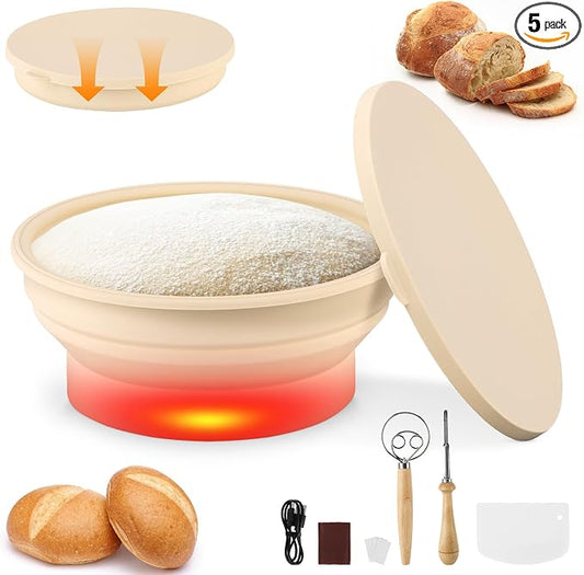 Heated Bread Proofing Basket & Sourdough Starter Kit | 8QT Temperature Control (86-113°F) | with Dough Scraper & Scoring Tool | Silicone Bread Proofer for Sourdough Bread Baking Supplies