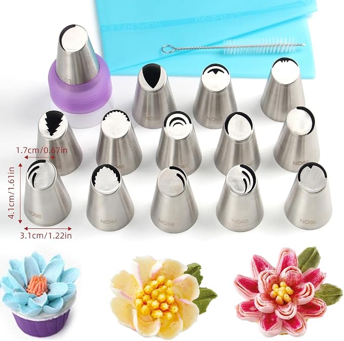 17 Pcs Stainless Steel Russian Flower Icing Tips Set,14 Russian Icing Floral Tips,1 Plastic Couplers,1 Cleaning Brush,1 Reusable Pastry Bag for Cake Decorations,Pastry Cupcakes Dessert Tools