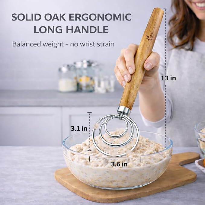 Danish Dough Whisk for Sourdough – Thick Stainless Steel Dutch Whisk with Ergonomic Oak Handle – Heavy-Duty Dough Mixer for Bread & Baking