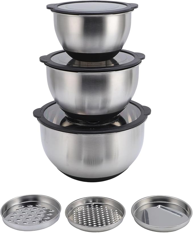 Stainless Steel Mixing Bowls Set, 3 Piece Bowl and Grater Set with Lids, 10in 8.5in 6.9in Nested Kitchen Prep Mixing Bowls for Baking Salad Food Prep