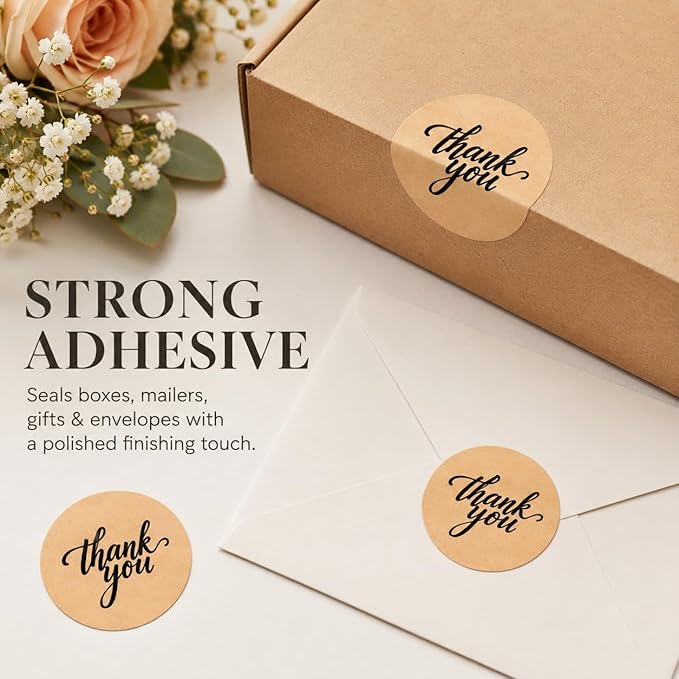 500 Thank You Stickers Roll – 1.5" Round Kraft Paper Labels with Black Script – Self-Adhesive Stickers for Small Business Packaging, Paper Bags, Gift Boxes & Envelopes