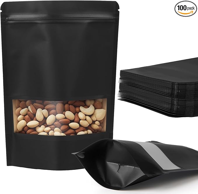 100 Pcs Black Kraft Paper Bags with Window, 7.1" x 10.2" Stand Up Pouches Bags, Food Storage Bags for Packaging Products, Reusable, Sealable