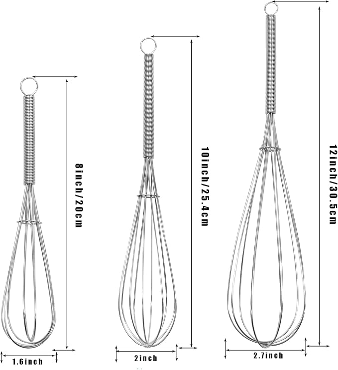 Digead Mini Wire Whisk, 3 Pack - 8, 10 & 12 Inch Small Whisk for Cooking - Ergonomic Spiral Handle, 304 Stainless Steel - Lightweight Mixing Tool for Whisking, Beating & Mixing Sauces - Silver