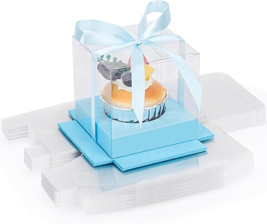 EUSOAR Individual Cupcake Containers, 3.5 Inch Clear Cupcakes Boxes Individual 24 Packs with Inserts and Gift Ribbon, Dessert Pastry Holder Disposable Cookies Wrappers for Wedding Party Favor Bakery
