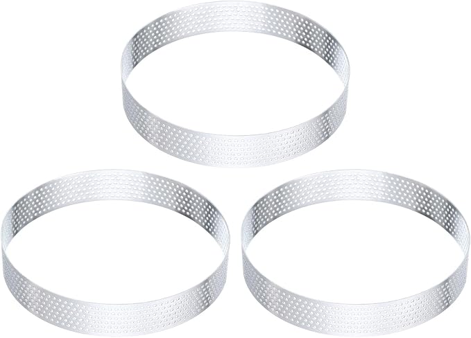 HARFINGTON 3Pcs Stainless Steel Tarts Rings 4.3" Perforated Metal Circle Baking Dessert Mousse Round Cake Ring Non Stick for Home Kitchen Food Cheese Making Tool