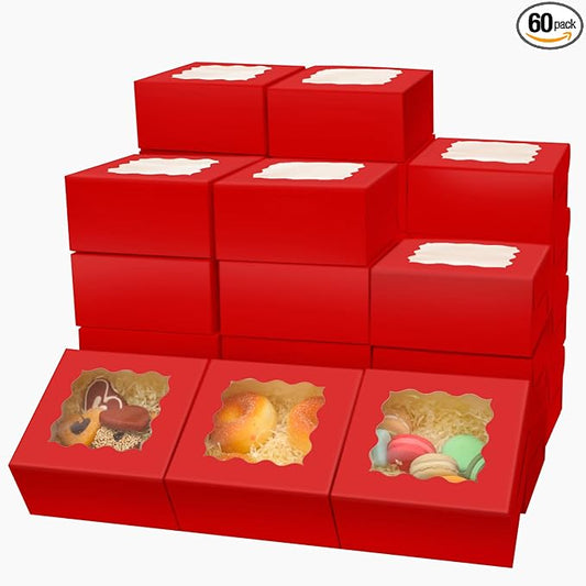 Bakepacker 60pcs Red Bakery Boxes with Window 6x6x3 inches Thick & Cookie Boxes & Sturdy Macaroon Pastry