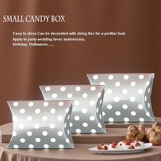 50 Pcs Kraft Paper Pillow Gift Boxes,3.5x2.6 Inch Mini Folding Treat Boxes, Creative Favor Box Folding Treat Boxes for Bakery, Candy, Jewelry, Wedding & Party Favors(Silver dots)