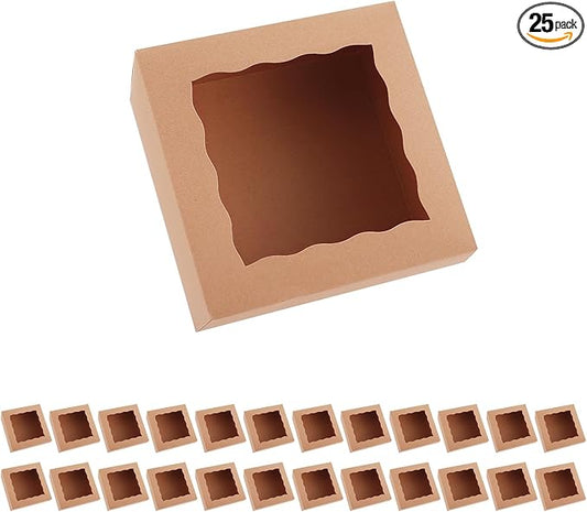 25 Kraft Bakery Boxes with Window, 8x8x4 Inches Cake Boxes with Window, Treat Boxes for Pastry, Cupcake, Cookies, Muffins, Pie