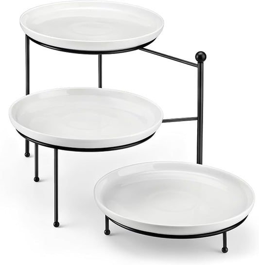 MALACASA White 3 Tier Serving Tray Stand with Black Rack, 10 Inch Porcelain Tiered Dessert Stand for Cupcakes, Cakes, Fruit & Appetizers, Ceramic Serving Platter for Party, Wedding & Tea Party